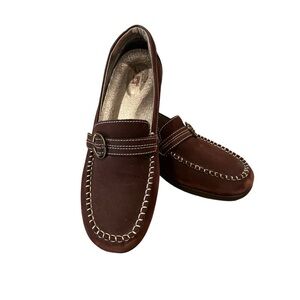 Brown suede buckle detail slip on loafers shoes Contrast Stitching size 9.5